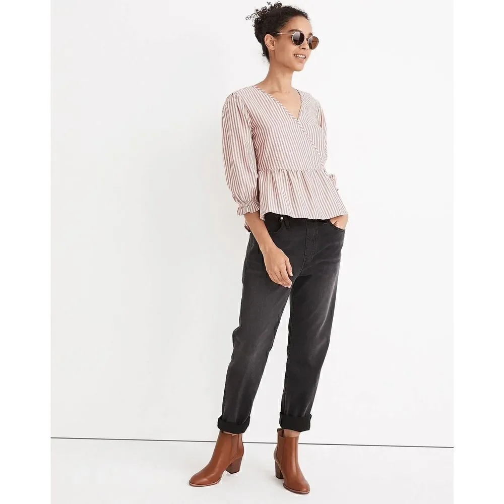 MADEWELL Puff-Sleeve Peplum Wrap Top in Stripe size XXS Retails $79